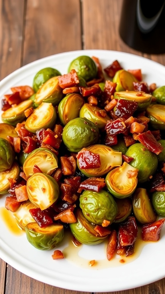 Crispy bacon Brussels sprouts served on a plate, garnished with balsamic vinegar.